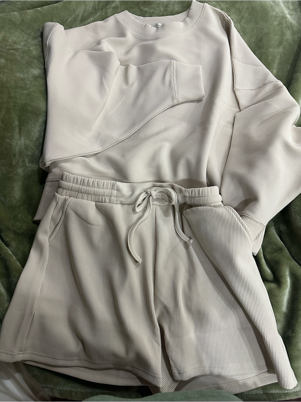 Zenana Outfitters Ribbed Drawstring Shorts & Pullover Set - Cream